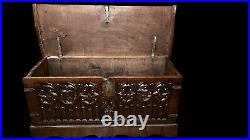16th Century Walnut Gothic Carved Large Coffer Carved Tracery Original Metal