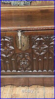 16th Century Walnut Gothic Carved Large Coffer Carved Tracery Original Metal