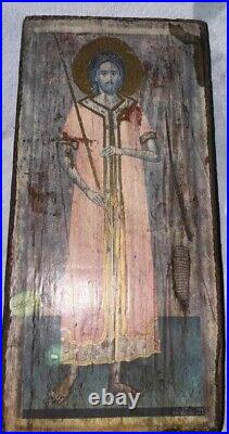 19th Century Large Russian Orthodox Antique Oil Painting Of Christ On Wood