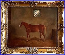 19th Century Oil Painting Beautiful Antique'Horse in Stable