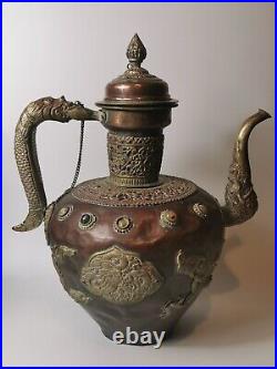 20th century antique LARGE Tibetan bronze tea pot decorated agate