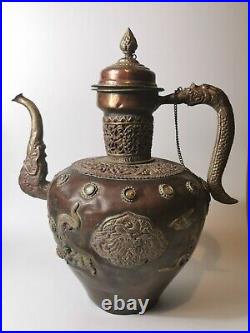 20th century antique LARGE Tibetan bronze tea pot decorated agate