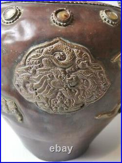 20th century antique LARGE Tibetan bronze tea pot decorated agate