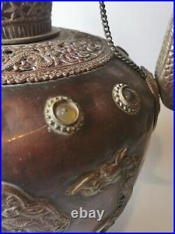 20th century antique LARGE Tibetan bronze tea pot decorated agate