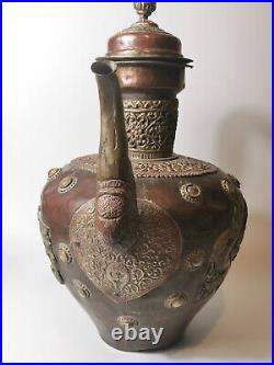 20th century antique LARGE Tibetan bronze tea pot decorated agate