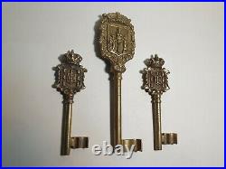 3 x Large Antique Brass / Bronze Keys Portugal City Coat Of Arms 19th Century