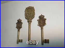 3 x Large Antique Brass / Bronze Keys Portugal City Coat Of Arms 19th Century