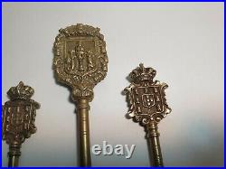 3 x Large Antique Brass / Bronze Keys Portugal City Coat Of Arms 19th Century