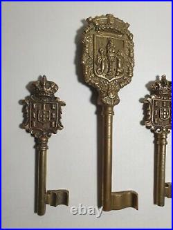 3 x Large Antique Brass / Bronze Keys Portugal City Coat Of Arms 19th Century