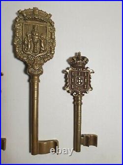 3 x Large Antique Brass / Bronze Keys Portugal City Coat Of Arms 19th Century