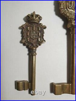 3 x Large Antique Brass / Bronze Keys Portugal City Coat Of Arms 19th Century