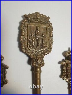 3 x Large Antique Brass / Bronze Keys Portugal City Coat Of Arms 19th Century