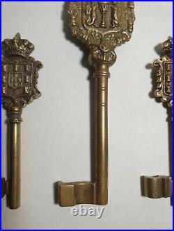 3 x Large Antique Brass / Bronze Keys Portugal City Coat Of Arms 19th Century