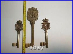 3 x Large Antique Brass / Bronze Keys Portugal City Coat Of Arms 19th Century