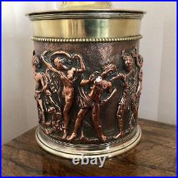 Antique 19th Century Brass & Copper Clad Large Round Box, Hinged Lid With Putti