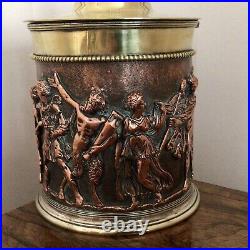 Antique 19th Century Brass & Copper Clad Large Round Box, Hinged Lid With Putti