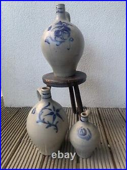 Antique 19th Century French Cobalt Decorated Jugs. X3 (small, medium & large)