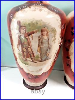 Antique 19th century large impressive pair opaline decorated vases romance