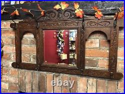 Antique Carved Oak Hall Mirror with Hat & Coat Hooks Large Circa 1920
