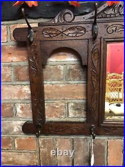 Antique Carved Oak Hall Mirror with Hat & Coat Hooks Large Circa 1920