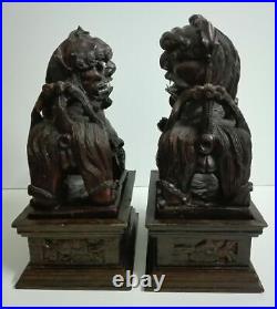 Antique Chinese 19Th Century Large Foo Dogs Pair Carved Wood Sculptures