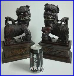 Antique Chinese 19Th Century Large Foo Dogs Pair Carved Wood Sculptures