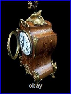 Antique Clock French Boulle Kingwood Inlay Ormolu Large Mantel 19th Century 1860