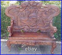 Antique Early Twentieth Century Large Chinese Dragon Carved Bench stunning