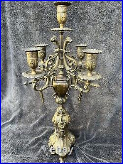Antique French Large Candelarbra Aged Brass 5 Sconce Gothic Rivival 19th Century