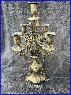 Antique French Large Candelarbra Aged Brass 5 Sconce Gothic Rivival 19th Century