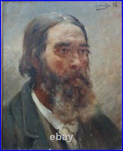 Antique Large Oil on Canvas Painting Old Man Portrait Framed Late 19th Century