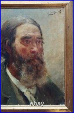 Antique Large Oil on Canvas Painting Old Man Portrait Framed Late 19th Century