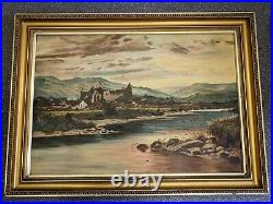 Antique early XX C large Original oil painting signed by F Tocher Tintern Abbey