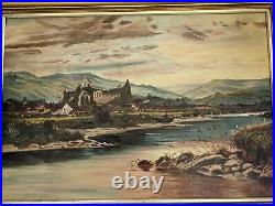 Antique early XX C large Original oil painting signed by F Tocher Tintern Abbey