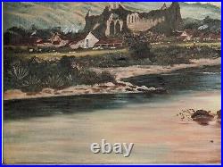 Antique early XX C large Original oil painting signed by F Tocher Tintern Abbey