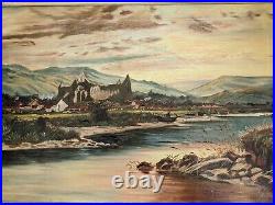 Antique early XX C large Original oil painting signed by F Tocher Tintern Abbey