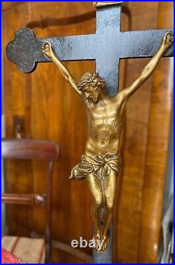 Antique large cast iron crucifix, Jesus cross, 19th century