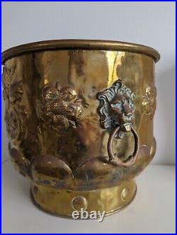 Dutch Brass Log Basket, Large Planter, Repousse, Lion Handles, 19th Century