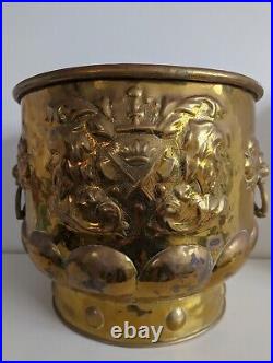 Dutch Brass Log Basket, Large Planter, Repousse, Lion Handles, 19th Century