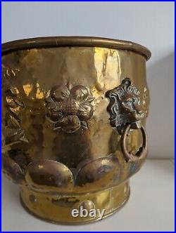 Dutch Brass Log Basket, Large Planter, Repousse, Lion Handles, 19th Century