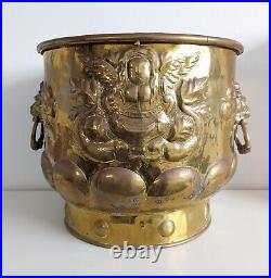 Dutch Brass Log Basket, Large Planter, Repousse, Lion Handles, 19th Century