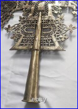 Ethiopian Large Silvered Brass Processional Coptic Cross 19th Century