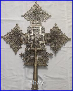 Ethiopian Large Silvered Brass Processional Coptic Cross 19th Century