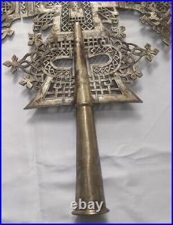 Ethiopian Large Silvered Brass Processional Coptic Cross 19th Century