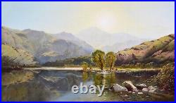 Fine Large Antique 19th Century Landscape Oil Painting of Sunrise North Wales
