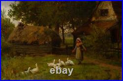 Girl Feeding Ducks Antique Oil on Canvas Landscape Painting 19th Century