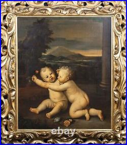 Huge 19th Century Bolognese Italian Old Master Putto Playing Flowers Antique