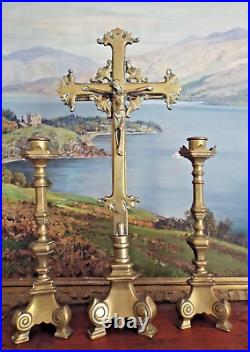 LARGE BRASS CHURCH ALTAR CRUCIFIX & CANDLESTICKS SET 19th CENTURY