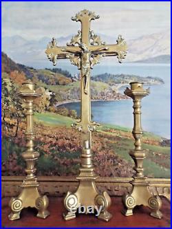 LARGE BRASS CHURCH ALTAR CRUCIFIX & CANDLESTICKS SET 19th CENTURY