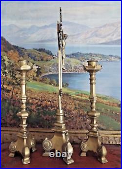 LARGE BRASS CHURCH ALTAR CRUCIFIX & CANDLESTICKS SET 19th CENTURY